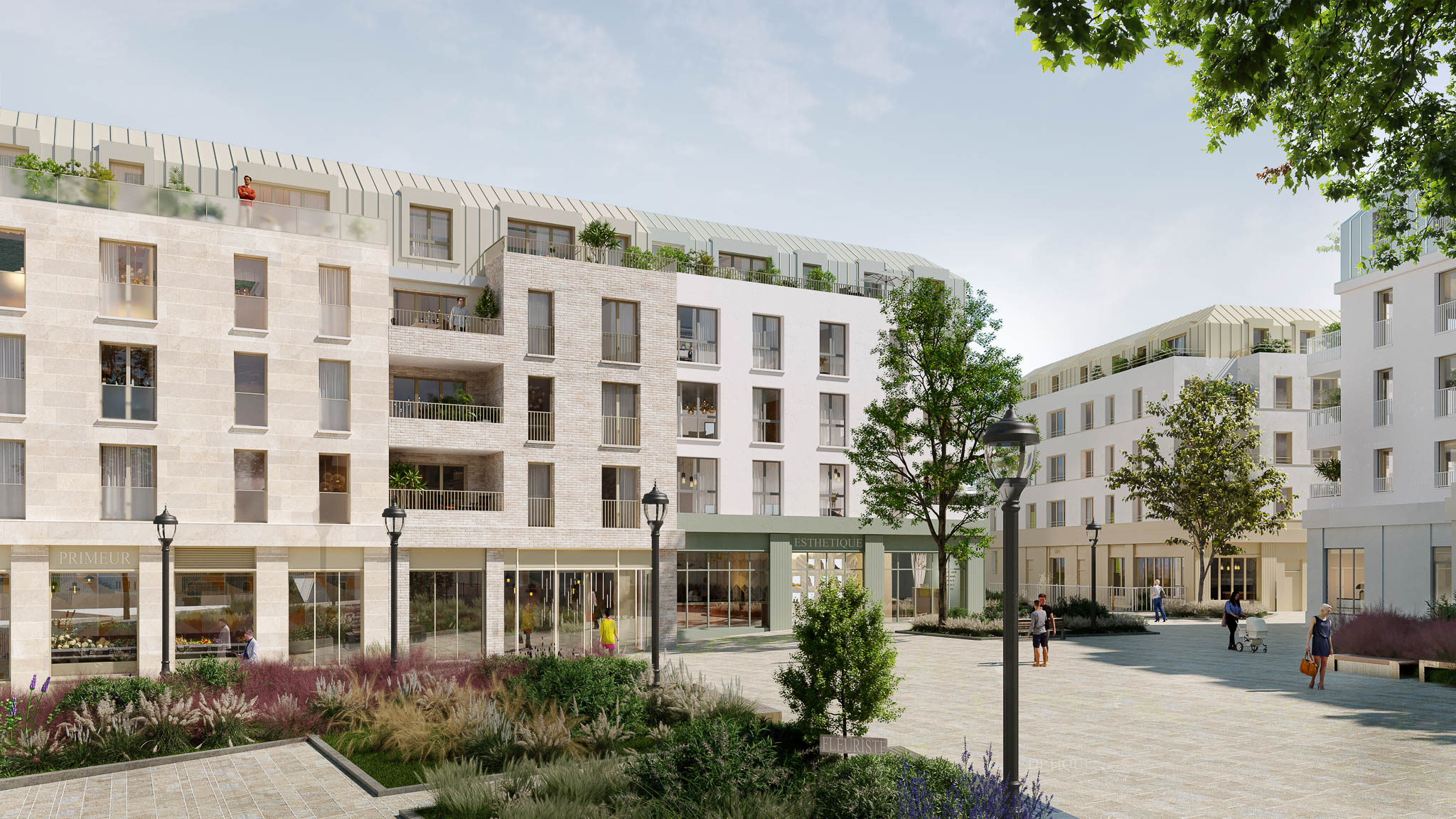 Place centrale paysagère d'un ensemble de logements collectifs avec commerces au Port-Marly (Yvelines), conçue par Cussac Architectes et Associés (CA+A), avec façades contemporaines en pierre claire, briques et toitures en zinc.